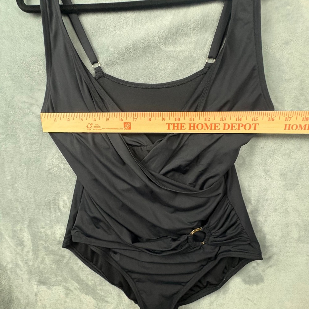 Michael Kors Womens Black One Piece Swimsuit Ruched Gold Hardware Surplice Wrap - Picture 7 of 11